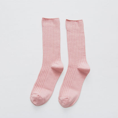 Anysox 5 Pairs One Size 36-43 Pink Retro Long Knitted Socks Cotton Autumn Winter Solid Color Women Student Girls-Socks-PEROZ Accessories