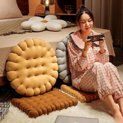 Anyhouz Plush Pillow Light Brown Round Biscuit Shape Stuffed Soft Pillow Seat Cushion Room Decor-Pillow-PEROZ Accessories