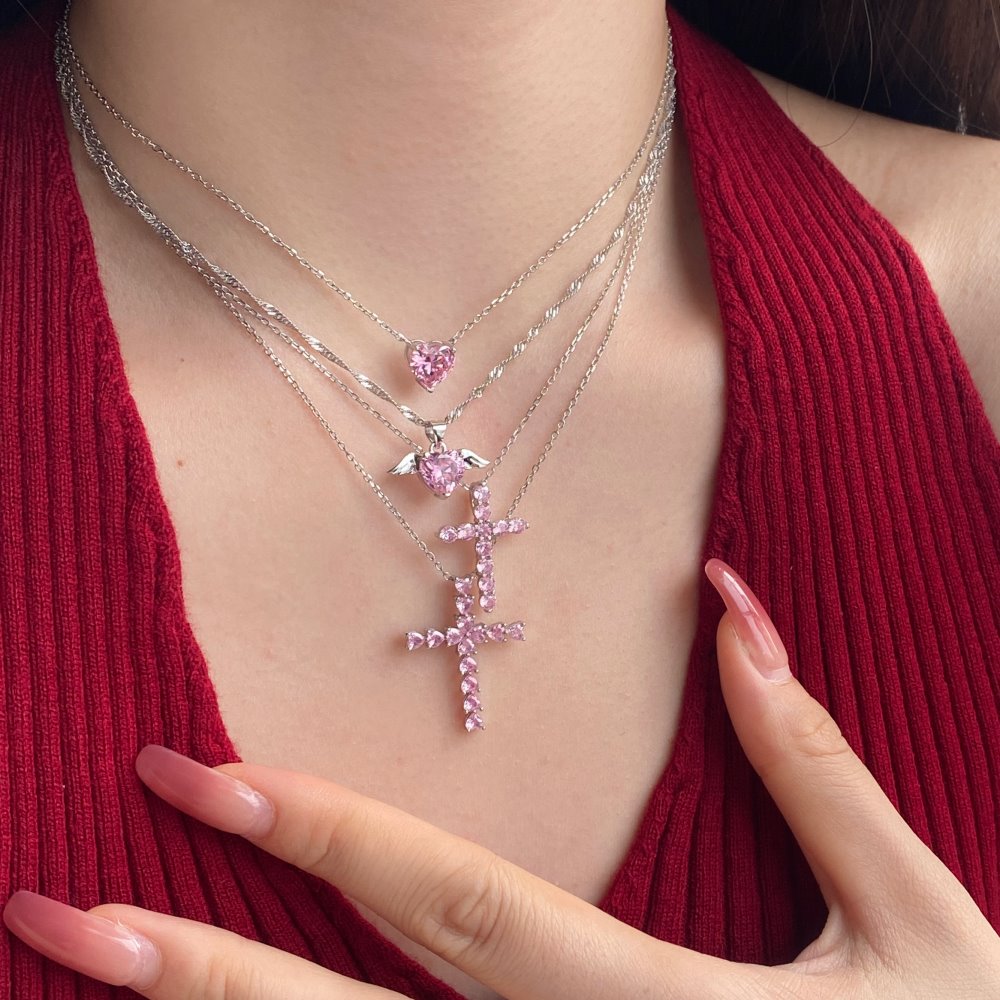 Anyco Necklace Rose Gold 925 Sterling Silver Pavé Heart &amp; Angel Wings Necklace Fashion For Charm Women Jewelry-Necklace-PEROZ Accessories