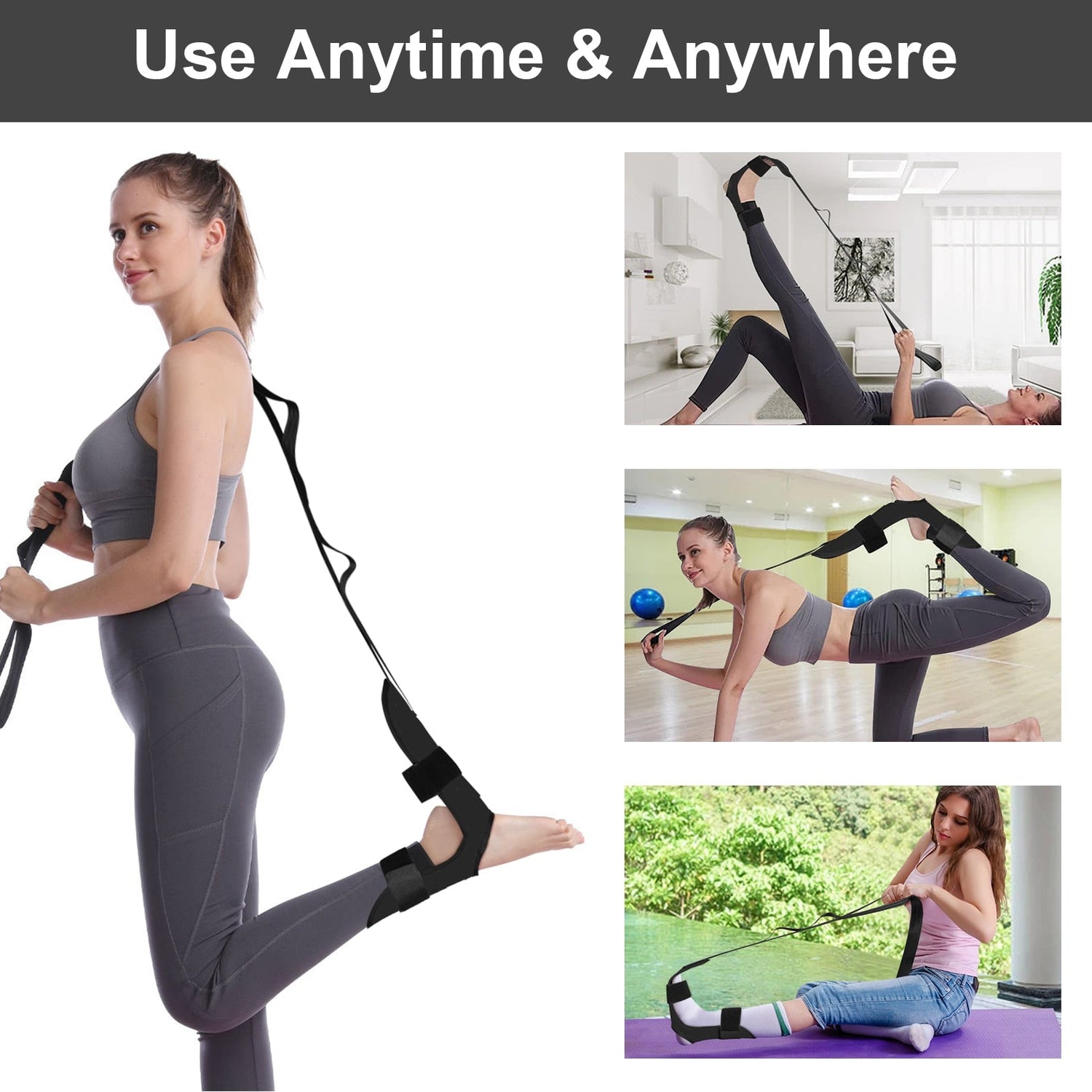 Anyfit Yoga Band Stretcher Solid Black Strap Resistance Belt Pilates Exercise Stretcher Fitness Tool-Exercise &amp; Fitness-PEROZ Accessories