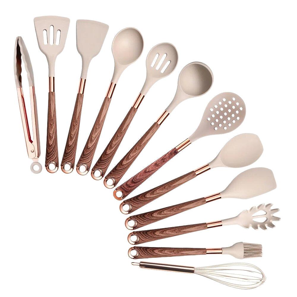 Anygleam Kitchen Utensils Non-stick Brown 12 Set Gold Plated Handle with Support Point Cooking Tool Accessories Heat Resistant Kitchenware-Spatula and Shovel-PEROZ Accessories