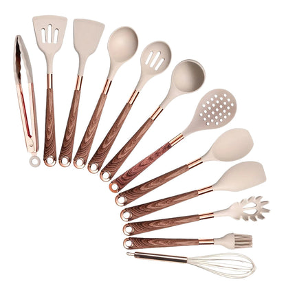 Anygleam Kitchen Utensils Non-stick Brown 12 Set Gold Plated Handle with Support Point Cooking Tool Accessories Heat Resistant Kitchenware-Spatula and Shovel-PEROZ Accessories