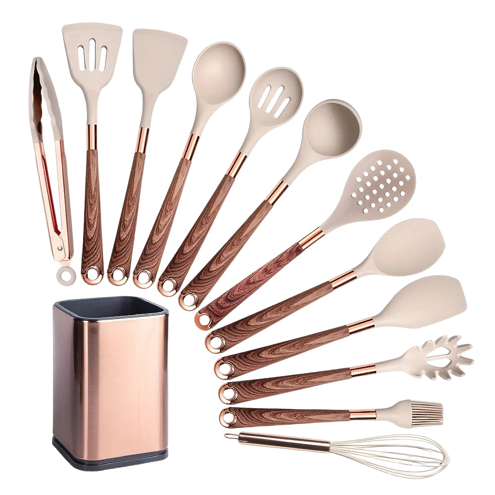 Anygleam Kitchen Utensils Non-stick Brown 12 Set Gold Plated Handle with Support Point and Storage Box Cooking Tool Accessories Heat Resistant Kitchenware-Spatula and Shovel-PEROZ Accessories