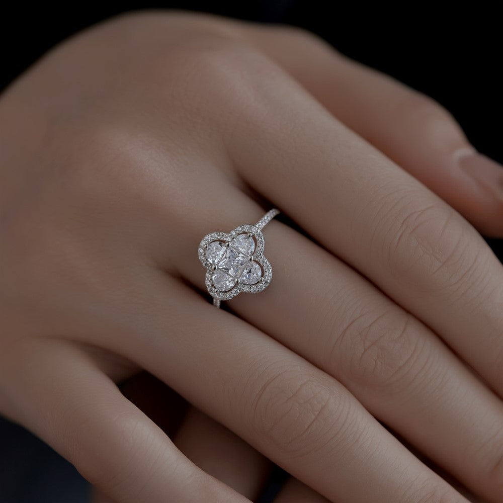 Anyco Ring 18K Silver Plated Four Leaf Clover Ring For Women 925 Silver Jewelry Cz Cubic Zirconia Diamond Rings-Rings-PEROZ Accessories