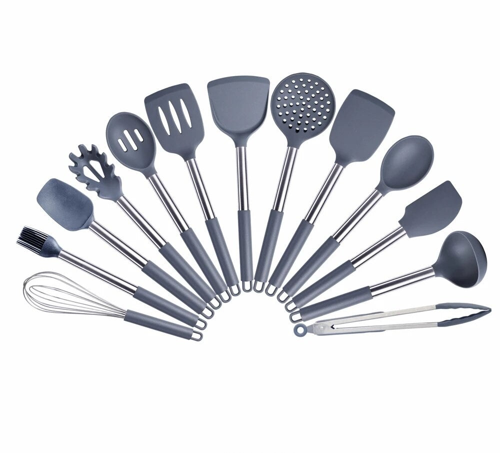 Anygleam Kitchen Utensils Non-stick Grey/ Silver 13 Set Cooking Tool Accessories Heat Resistant Kitchenware-Spatula and Shovel-PEROZ Accessories