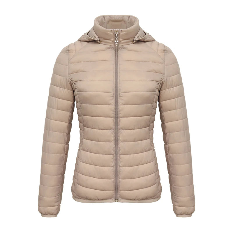 Anychic Womens Padded Puffer Jacket 5XL Beige Solid Lightweight Warm Outdoor Parka Clothing With Detachable Hood-Coats &amp; Jackets-PEROZ Accessories