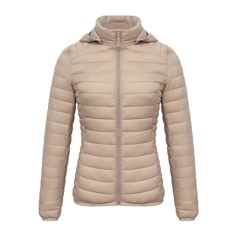 Anychic Womens Padded Puffer Jacket 5XL Beige Solid Lightweight Warm Outdoor Parka Clothing With Detachable Hood-Coats &amp; Jackets-PEROZ Accessories