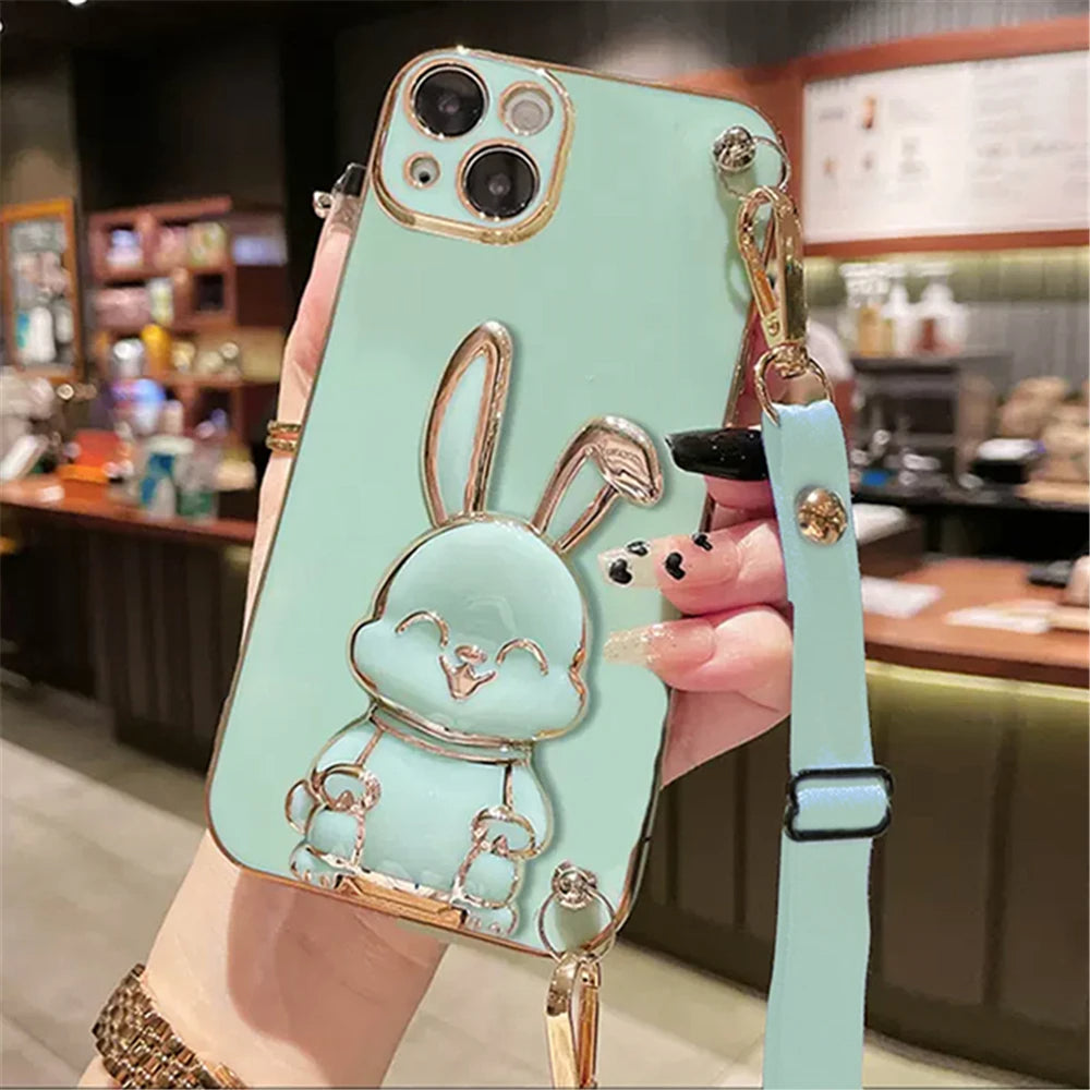 Anymob iPhone Case Shockproof Green Rabbit Bracket Crossbody Lanyard Case Plating Stand Silicon Phone Cover-Mobile Phone Cases-PEROZ Accessories
