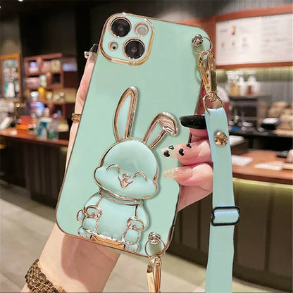 Anymob iPhone Case Shockproof Green Rabbit Bracket Crossbody Lanyard Case Plating Stand Silicon Phone Cover-Mobile Phone Cases-PEROZ Accessories