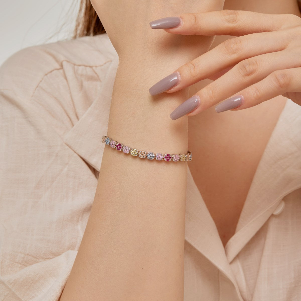 Anyco Bracelet Iced Out Square Rainbow Mixed Cuts Pink Stone Tennis Bracelet For Women Men 925 Sterling Silver 5A Cz Diamond Bracelets-Bracelets-PEROZ Accessories