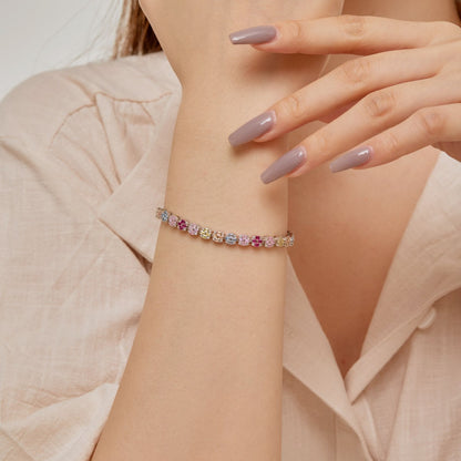 Anyco Bracelet Iced Out Square Rainbow Mixed Cuts Pink Stone Tennis Bracelet For Women Men 925 Sterling Silver 5A Cz Diamond Bracelets-Bracelets-PEROZ Accessories