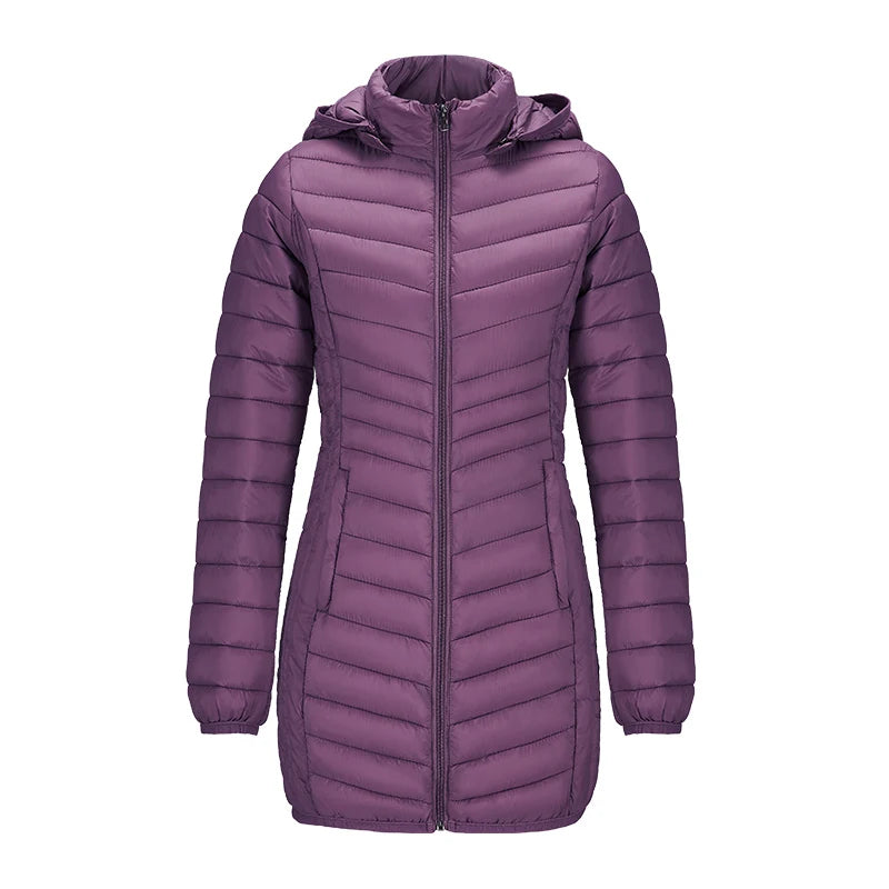 Anychic Womens Padded Puffer Jacket Large Purple Ultralightweight Long Parka With Detachable Hood Outdoor Warm Clothes-Coats &amp; Jackets-PEROZ Accessories