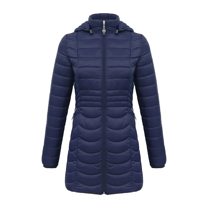 Anychic Womens Padded Puffer Jacket Medium Navy Blue Ultralight Coat With Detachable Hood Lightweight Outwear Clothing-Coats &amp; Jackets-PEROZ Accessories