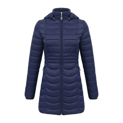 Anychic Womens Padded Puffer Jacket Medium Navy Blue Ultralight Coat With Detachable Hood Lightweight Outwear Clothing-Coats &amp; Jackets-PEROZ Accessories