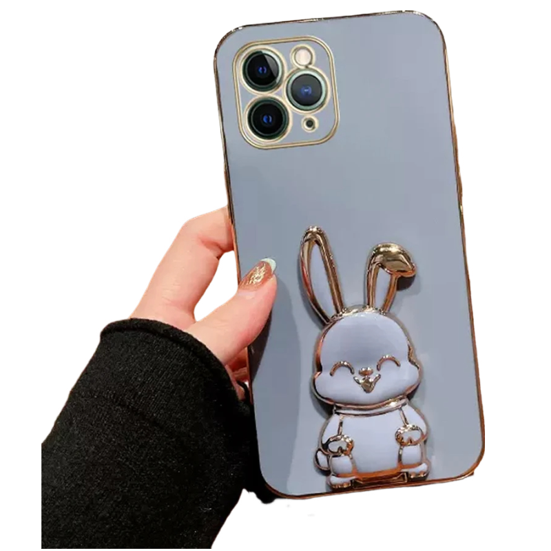 Anymob iPhone Case Shockproof Dark Gray Luxury Plating Rabbit Holder Phone Case Soft Silicone Stand Cover-Mobile Phone Cases-PEROZ Accessories