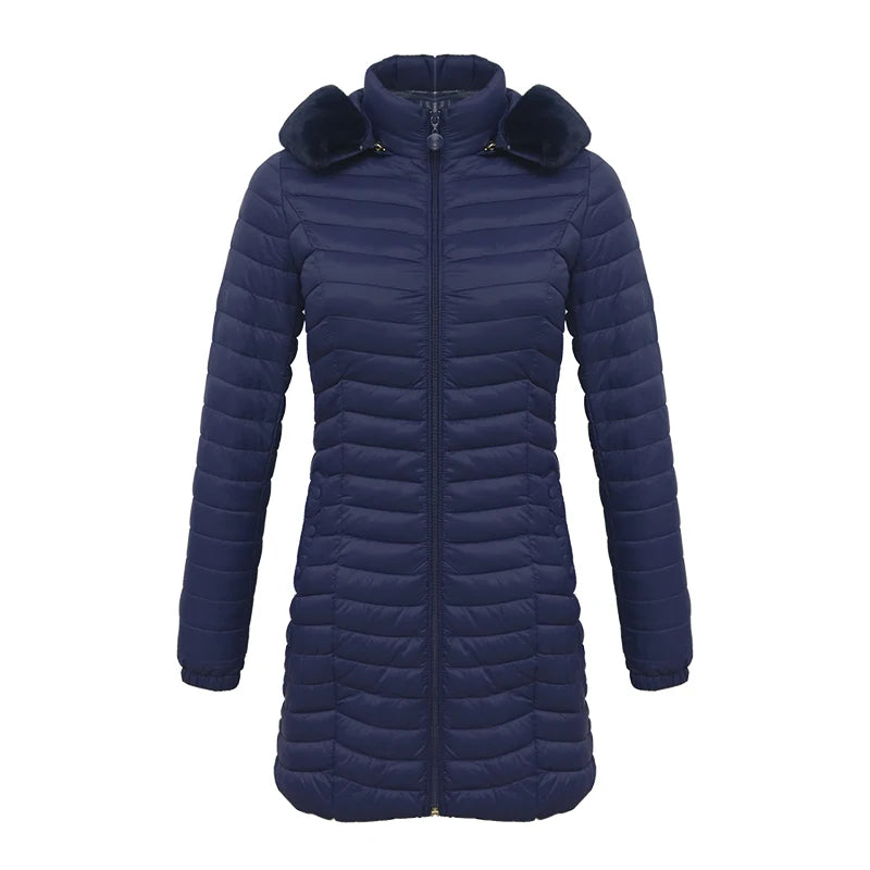 Anychic Womens Padded Puffer Jacket Medium Navy Blue Ultralight Casual Coats With Fur Hooded Warm Lightweight Outerwear-Coats &amp; Jackets-PEROZ Accessories