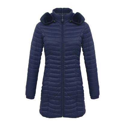 Anychic Womens Padded Puffer Jacket Medium Navy Blue Ultralight Casual Coats With Fur Hooded Warm Lightweight Outerwear-Coats &amp; Jackets-PEROZ Accessories