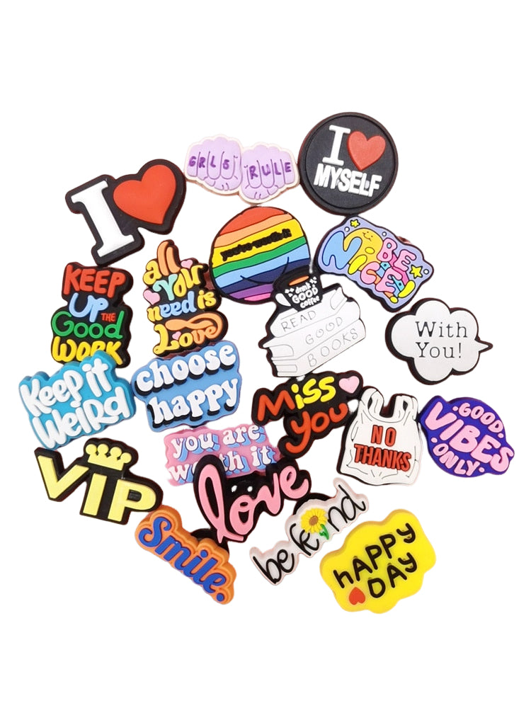 Anykidz 20Pcs Random Color Slogan Style Shoe Charm Accessories Jeans Clogs Pendants Designer Ornament Jibbitz for Crocs-Shoe Accessories-PEROZ Accessories