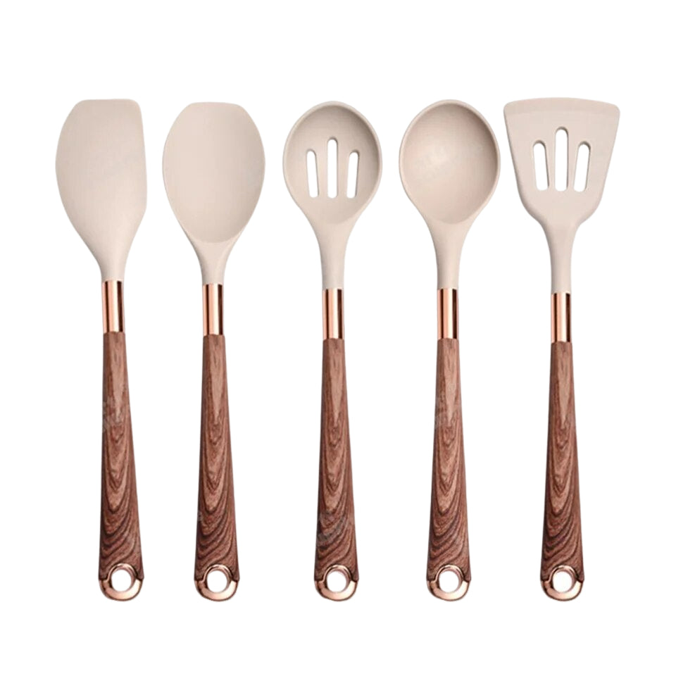 Anygleam Kitchen Utensils Non-stick Brown 5 Set Gold Plated Handle with Support Point Cooking Tool Accessories Heat Resistant Kitchenware-Spatula and Shovel-PEROZ Accessories