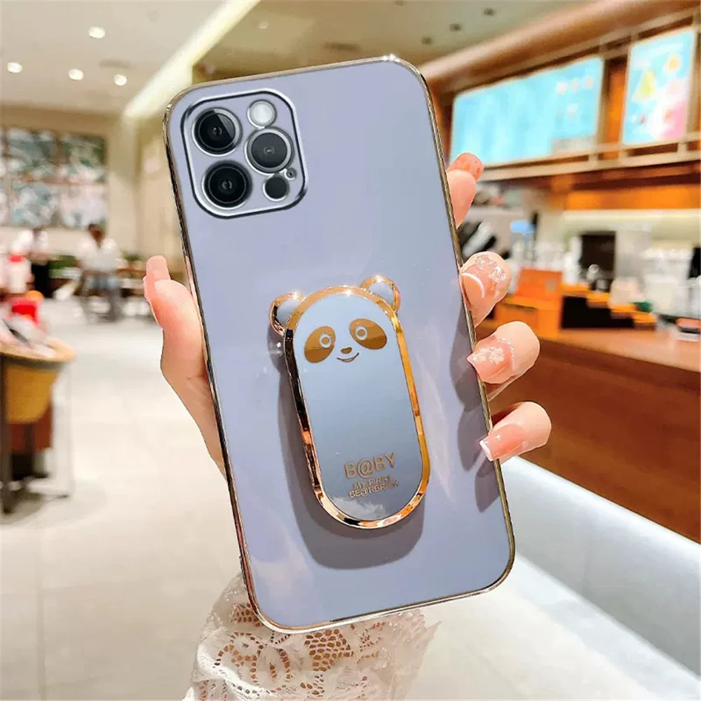 Anymob iPhone Case Shockproof Blue Plating Lovely Panda Fold Stand Phone Case Soft Silicone Cover-Mobile Phone Cases-PEROZ Accessories