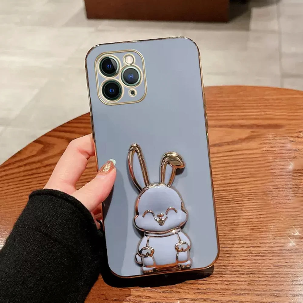Anymob iPhone Case Shockproof Dark Gray Luxury Plating Rabbit Holder Phone Case Soft Silicone Stand Cover-Mobile Phone Cases-PEROZ Accessories