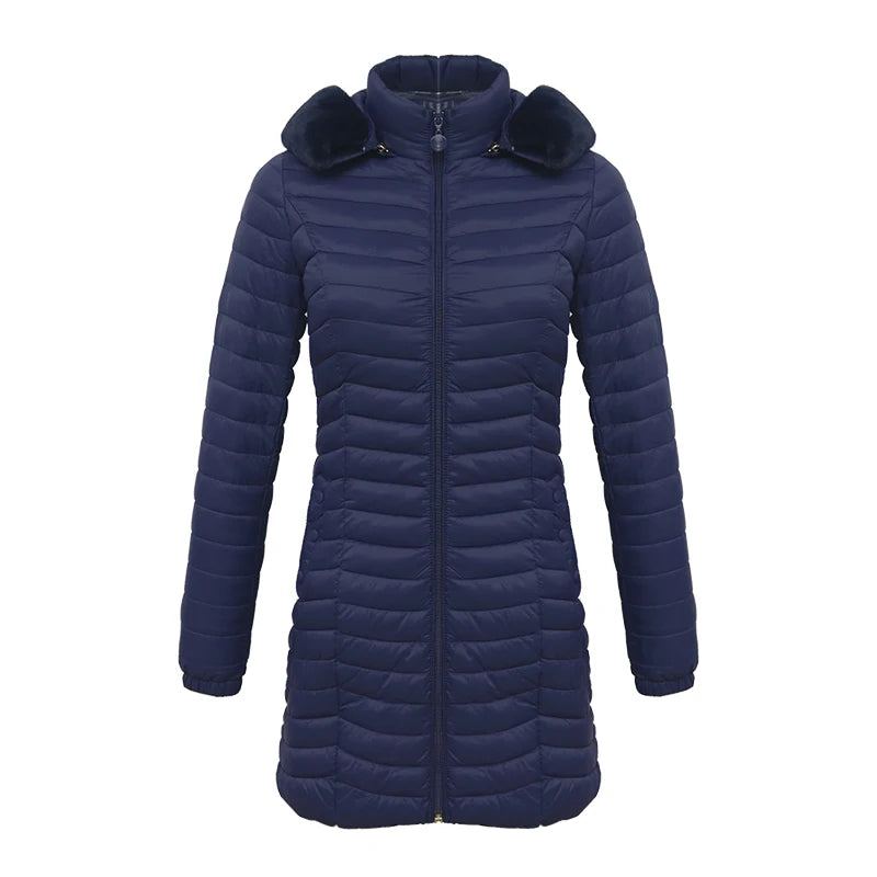 Anychic Womens Padded Puffer Jacket Large Navy Blue Ultralight Casual Coats With Fur Hooded Warm Lightweight Outerwear-Coats &amp; Jackets-PEROZ Accessories