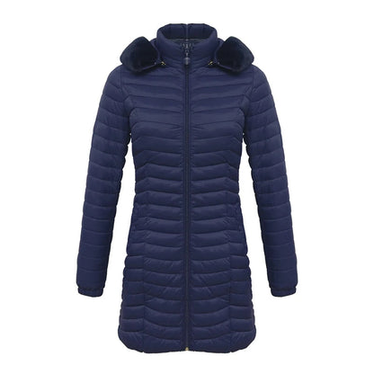 Anychic Womens Padded Puffer Jacket Large Navy Blue Ultralight Casual Coats With Fur Hooded Warm Lightweight Outerwear-Coats &amp; Jackets-PEROZ Accessories