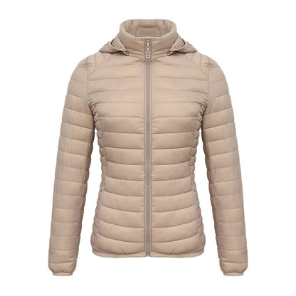 Anychic Womens Padded Puffer Jacket Medium Beige Solid Lightweight Warm Outdoor Parka Clothing With Detachable Hood-Coats &amp; Jackets-PEROZ Accessories