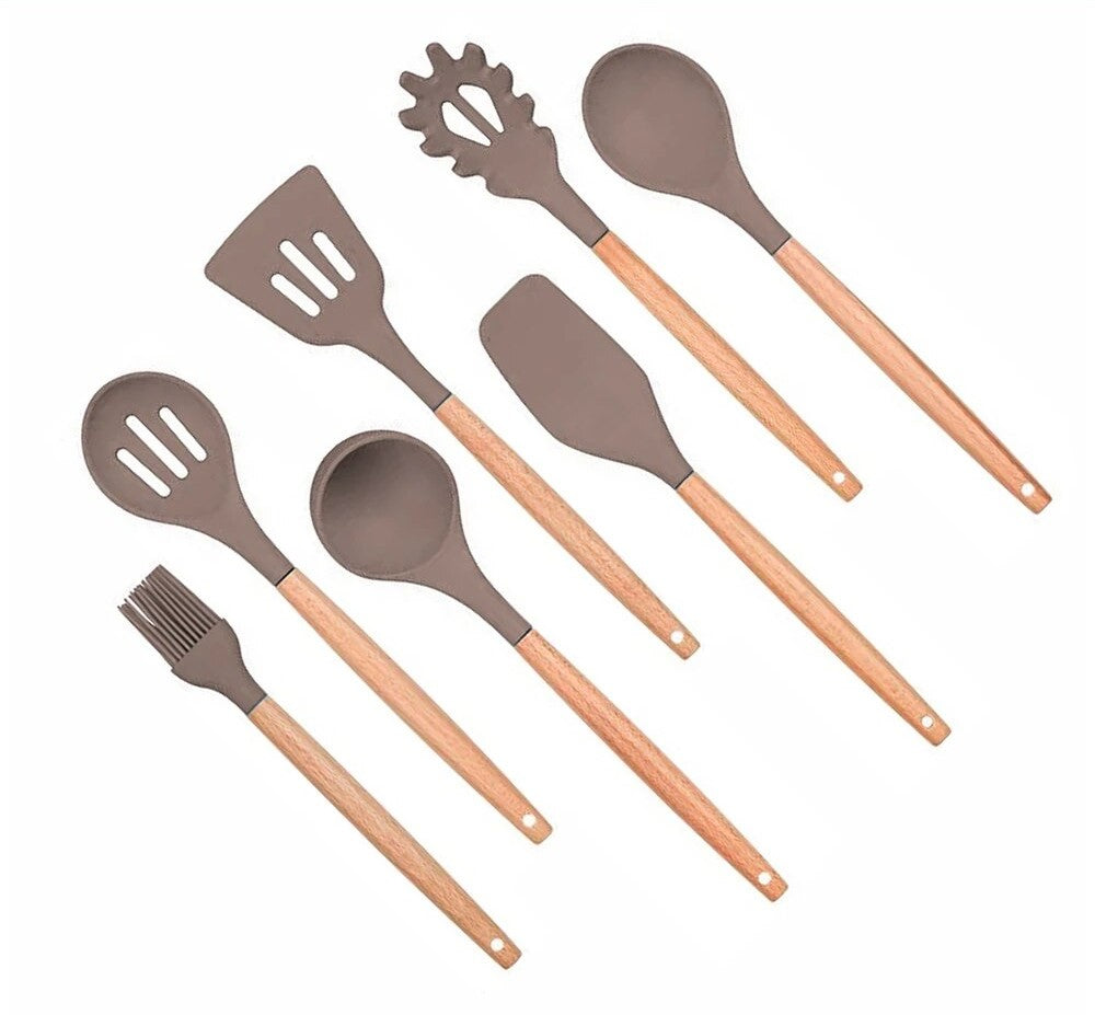 Anygleam Kitchen Utensils 7 Set Khaki Natural Beech Wooden Handle Cookware Tool Heat Resistant Non Stick Accessories-Spatula and Shovel-PEROZ Accessories