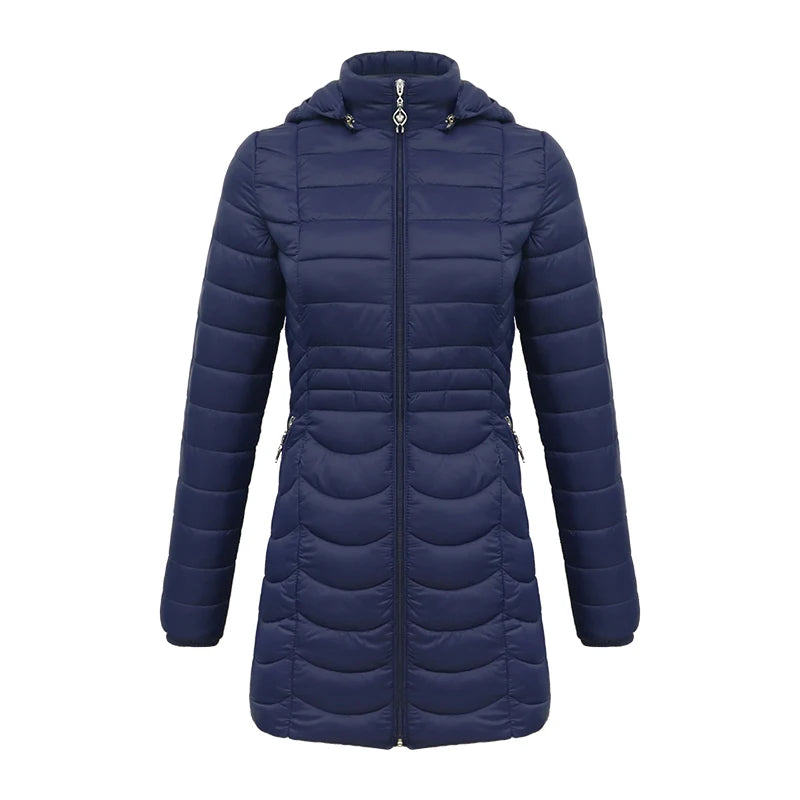 Anychic Womens Padded Puffer Jacket Large Navy Blue Ultralightweight Ultralight Coat With Detachable Hood Lightweight Outwear Clothing-Coats &amp; Jackets-PEROZ Accessories