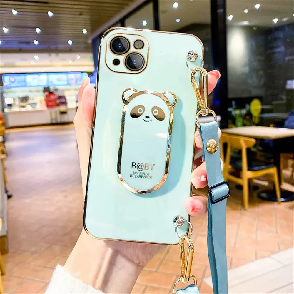 Anymob iPhone Case Shockproof Green Plating Panda Crossbody Necklace Stand Lanyard Case Strap Cover-Mobile Phone Cases-PEROZ Accessories