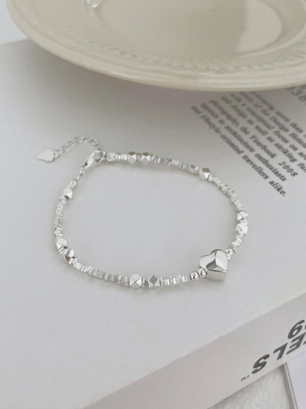 Anyco Bracelet Minimalist Hypoallergenic Non Tarnish S925 Silver bracelet Rhodium Plated Beaded Heart Pendant Bracelet for Women-Bracelets-PEROZ Accessories