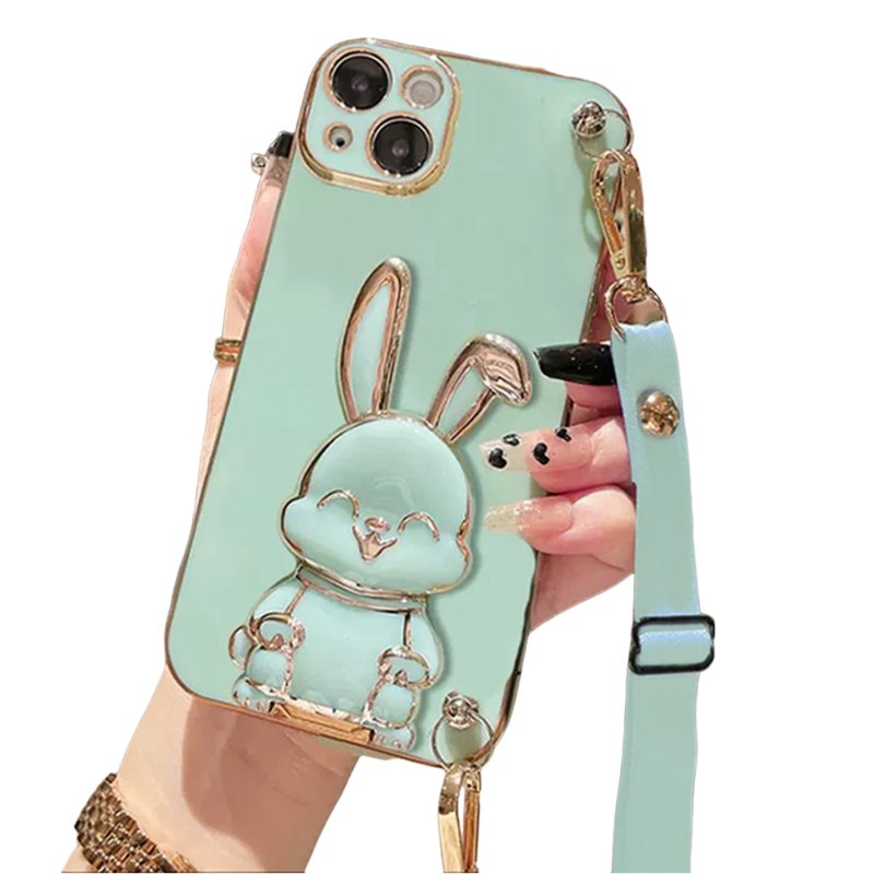 Anymob iPhone Case Shockproof Green Rabbit Bracket Crossbody Lanyard Case Plating Stand Silicon Phone Cover-Mobile Phone Cases-PEROZ Accessories