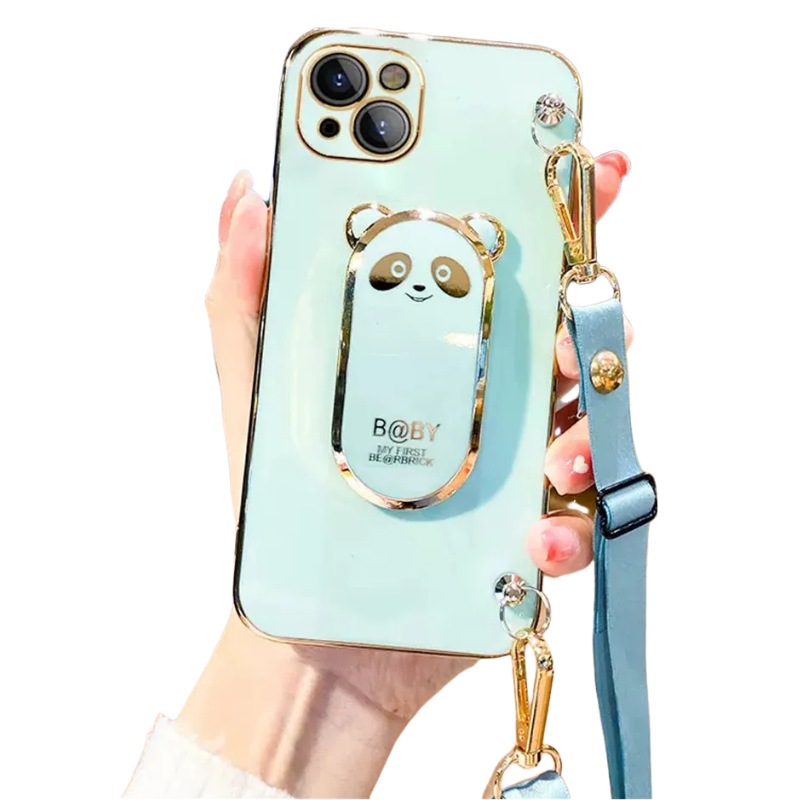 Anymob iPhone Case Shockproof Green Plating Panda Crossbody Necklace Stand Lanyard Case Strap Cover-Mobile Phone Cases-PEROZ Accessories