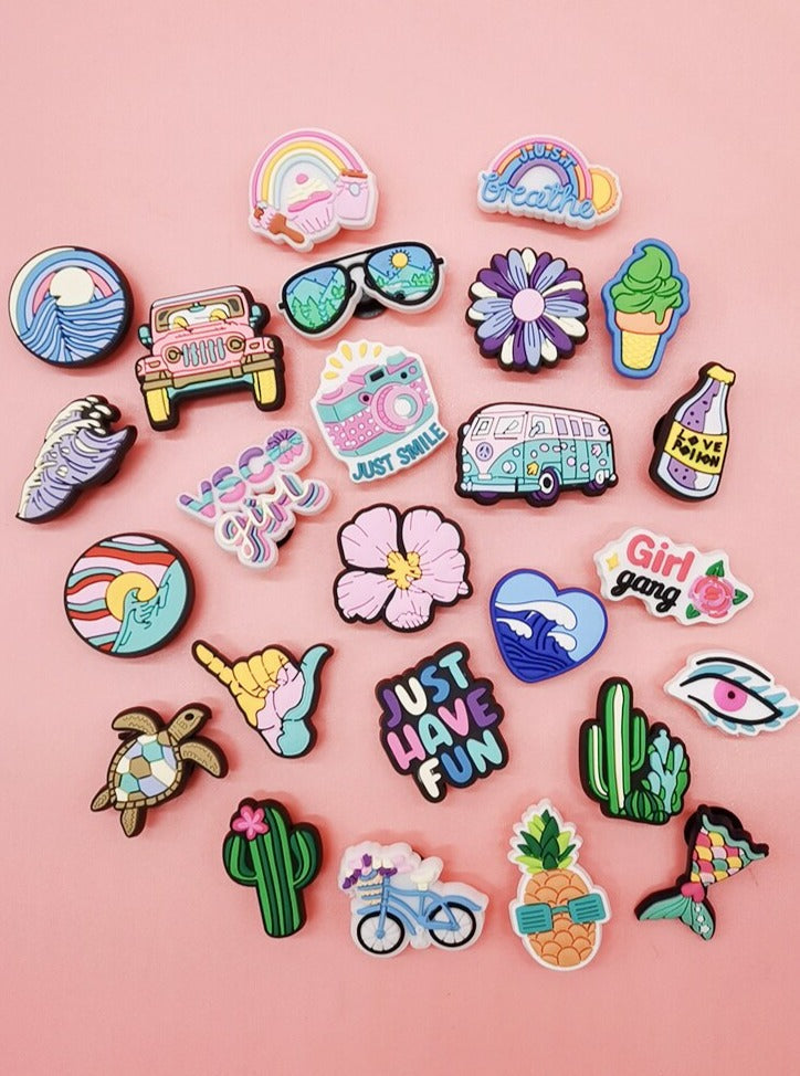 Anykidz 25pcs Random Color Summer Theme Shoe Charm Accessories Jeans Clogs Pendants Designer Ornament Jibbitz for Crocs-Shoe Charms-PEROZ Accessories