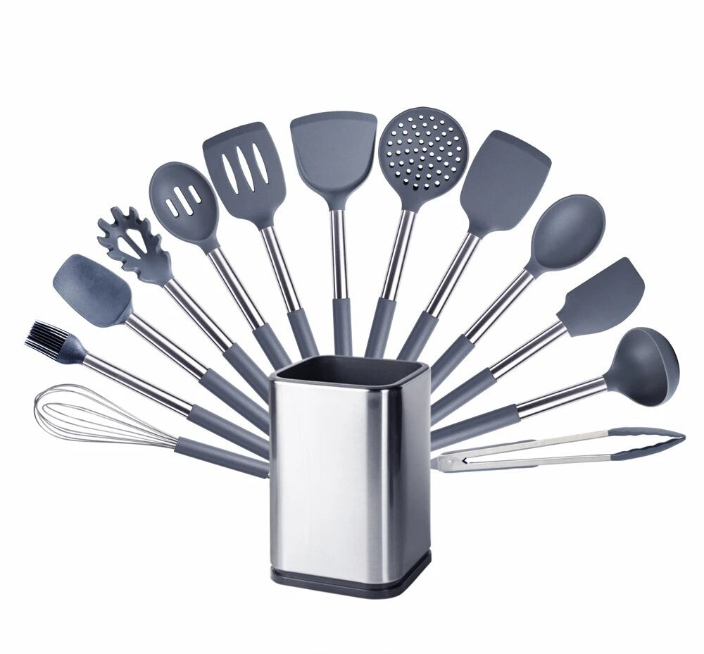 Anygleam Kitchen Utensils Non-stick Grey/ Silver 13 Set Cooking Tool with Storage Box Accessories Heat Resistant Kitchenware-PEROZ Accessories