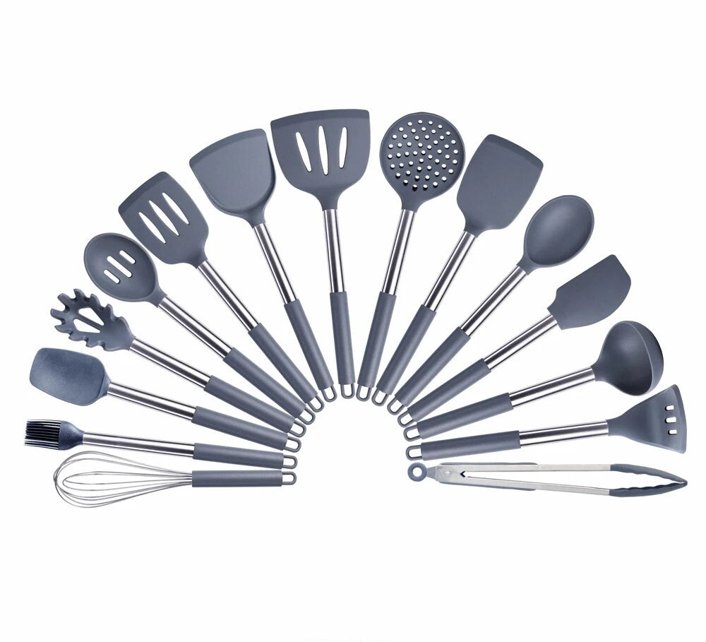 Anygleam Kitchen Utensils Non-stick Grey/ Silver 15 Set Cooking Tool Accessories Heat Resistant Kitchenware-PEROZ Accessories