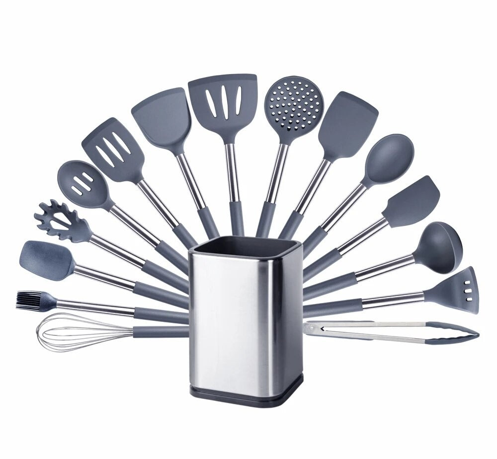 Anygleam Kitchen Utensils Non-stick Grey/ Silver 15 Set Cooking Tool with Storage Box Accessories Heat Resistant Kitchenware-PEROZ Accessories