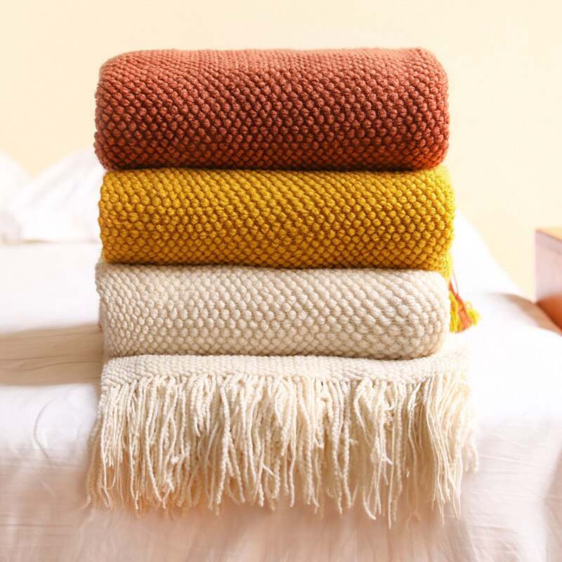 Anyhouz 130*230cm Light Green Blanket Home Decorative Thickened Knitted Corn Grain Waffle Embossed Winter Warm Tassels Throw Bedspread-Blankets-PEROZ Accessories