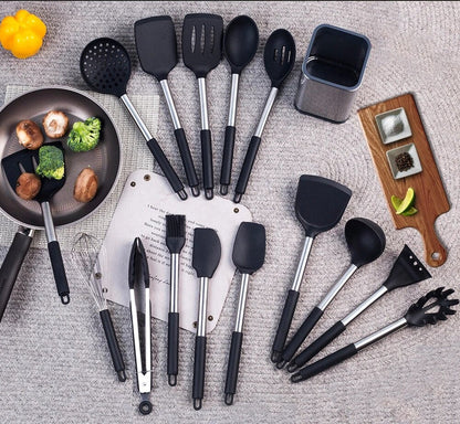 Anygleam Kitchen Utensils Non-stick Black/ Silver 5 Set Cooking Tool Accessories Heat Resistant Kitchenware-Spatula and Shovel-PEROZ Accessories