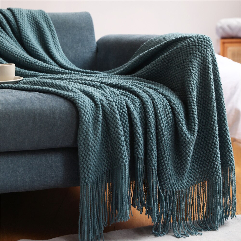 Anyhouz 130*230cm Light Green Blanket Home Decorative Thickened Knitted Corn Grain Waffle Embossed Winter Warm Tassels Throw Bedspread-Blankets-PEROZ Accessories