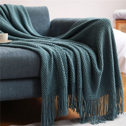 Anyhouz 130*230cm Light Green Blanket Home Decorative Thickened Knitted Corn Grain Waffle Embossed Winter Warm Tassels Throw Bedspread-Blankets-PEROZ Accessories