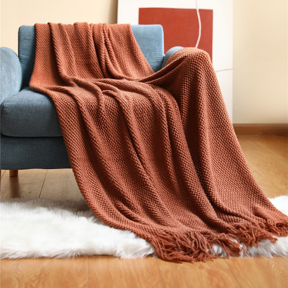 Anyhouz 130*230cm Light Green Blanket Home Decorative Thickened Knitted Corn Grain Waffle Embossed Winter Warm Tassels Throw Bedspread-Blankets-PEROZ Accessories