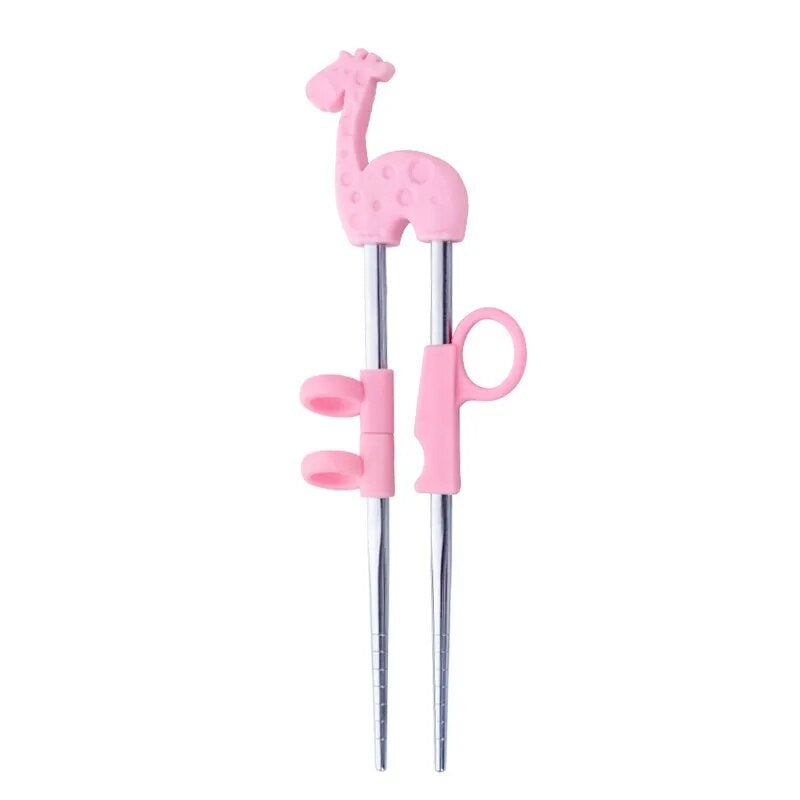 AnyGleam Chop Stick Pink Giraffe 1 Pair Reusable Silver Stainless Steel Cartoon for Kids and Children Kitchen Accessories-Kitchen &amp; Dining-PEROZ Accessories