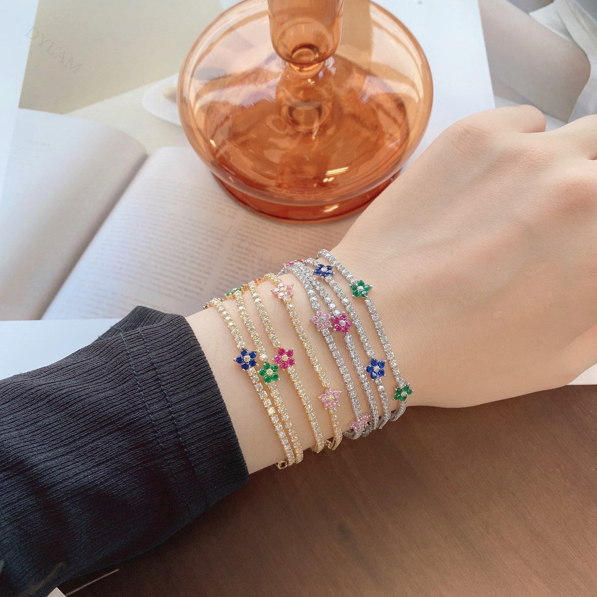 Anyco Bracelet Silver Bracelet Women Red Flower Charm 5A Cubic Zirconia Chain 925 Sterling silver Tennis Bangles-Bracelets-PEROZ Accessories