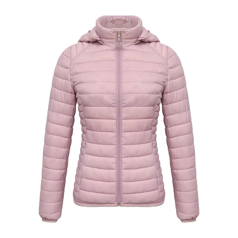 Anychic Womens Padded Puffer Jacket 5XL Pink Solid Lightweight Warm Outdoor Parka Clothing With Detachable Hood-Coats &amp; Jackets-PEROZ Accessories