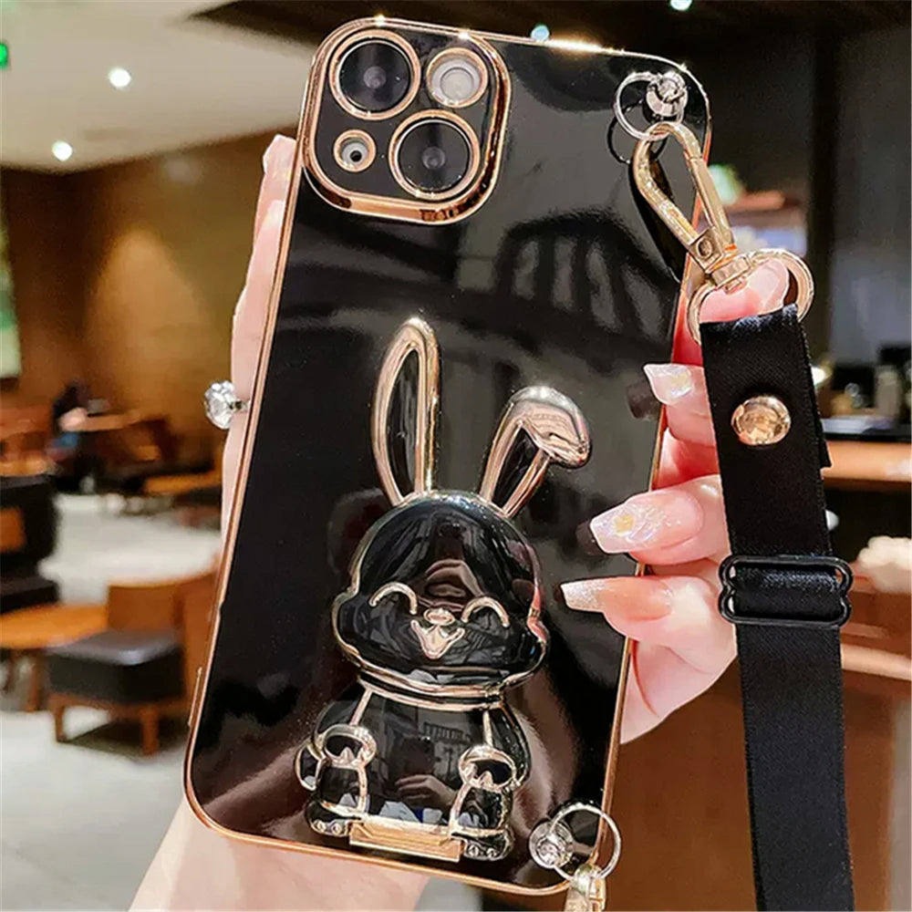 Anymob iPhone Case Shockproof Black Rabbit Bracket Crossbody Lanyard Case Plating Stand Silicon Phone Cover-Mobile Phone Cases-PEROZ Accessories
