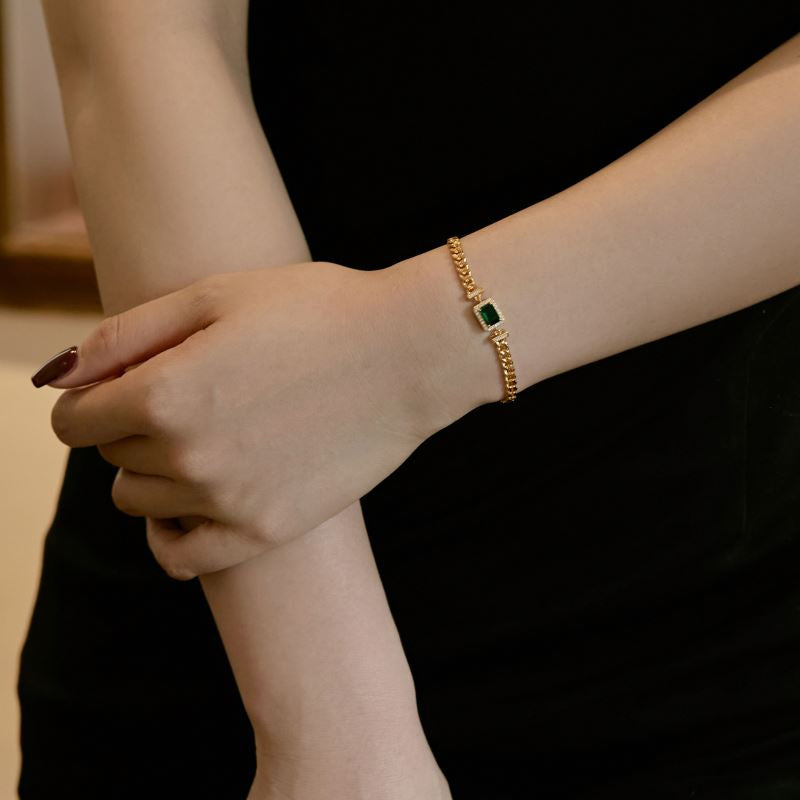 Anyco Bracelet Classic Emerald Charm Square Pendant Necklace Cubic Zirconia 925 Silver Chain Link-Bracelets-PEROZ Accessories