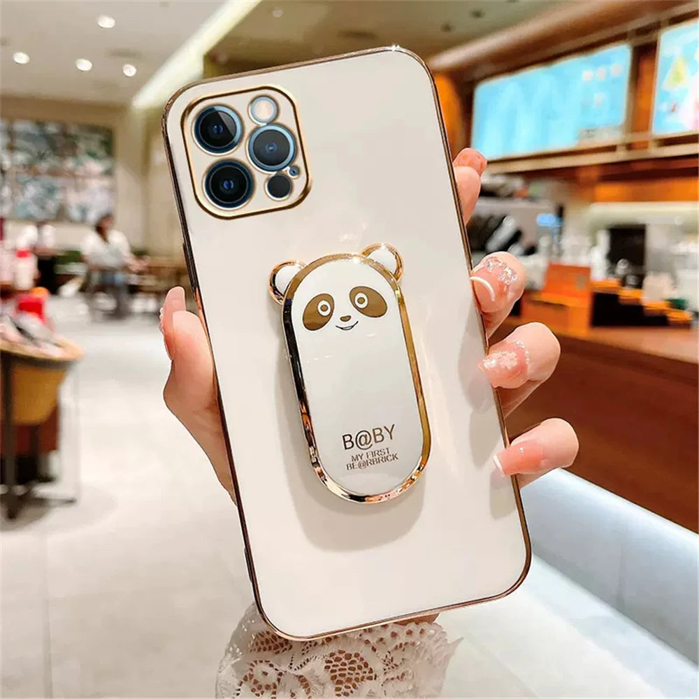 Anymob iPhone Case Shockproof White Plating Lovely Panda Fold Stand Phone Case Soft Silicone Cover-Mobile Phone Cases-PEROZ Accessories
