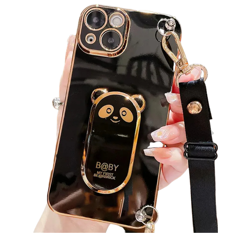 Anymob iPhone Case Shockproof Black Plating Panda Crossbody Necklace Stand Lanyard Case Strap Cover-Mobile Phone Cases-PEROZ Accessories
